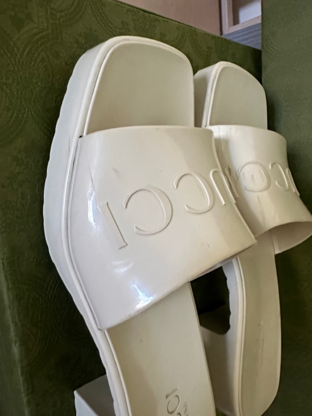 Gucci White Embossed Logo Slide Mules - Picture 10 of 10